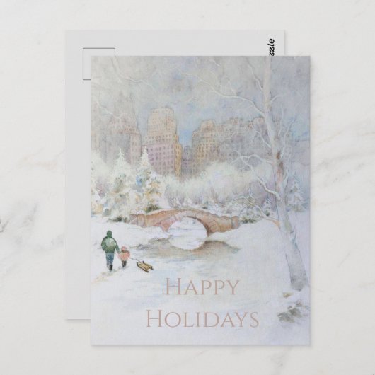 雪に覆われたニューヨークの水彩風景 ポストカード (正面/裏面)