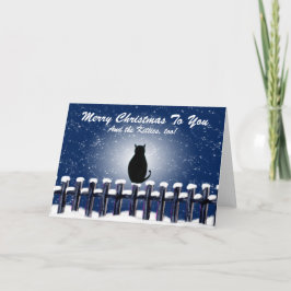 雪に覆われたフェンスの上の猫メリークリスマス シーズンカード