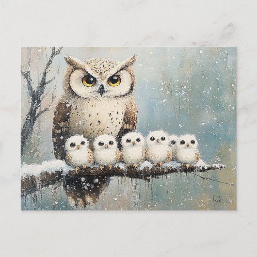 雪に覆われたフクロウの家族 ポストカード (正面)