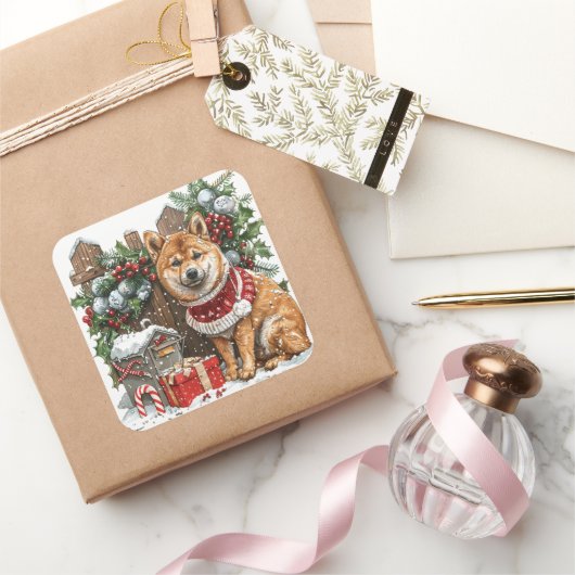 雪に覆われたメールボックスによるセーターの柴犬 スクエアシール (ギフト)