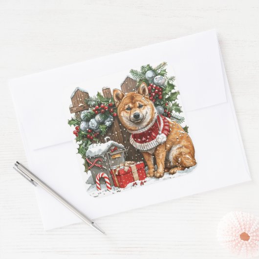 雪に覆われたメールボックスによるセーターの柴犬 スクエアシール (封筒)