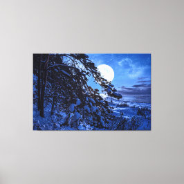 雪に覆われたモミの木と夜の海の海岸の上の月 キャンバスプリント
