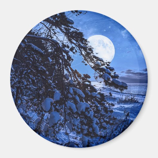 雪に覆われたモミの木と夜の海の海岸の上の月 マグネット (正面)