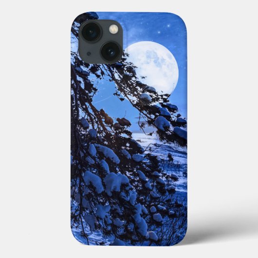雪に覆われたモミの木と夜の海の海岸の上の月 Case-Mate iPhoneケース (裏面)