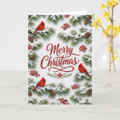 雪に覆われたレッドカーディナル 常緑クリスマス カード (黄色い花)