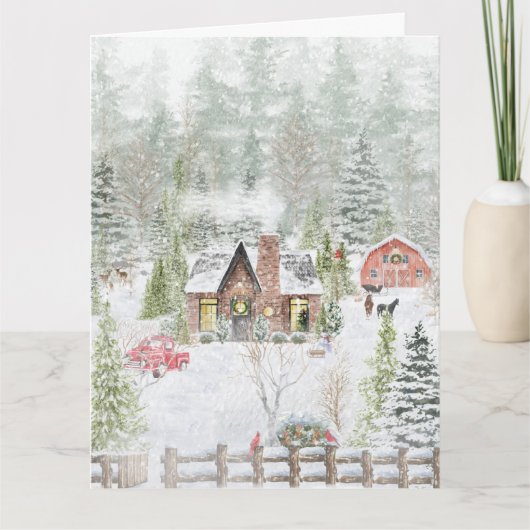 雪に覆われた冬のクリスマスキャビンのシーン カード (正面)