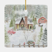 雪に覆われた冬のクリスマスキャビンのシーン セラミックオーナメント (裏面)