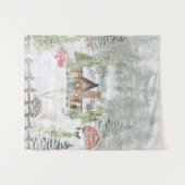 雪に覆われた冬のクリスマスキャビンのシーン タペストリー (正面(横))