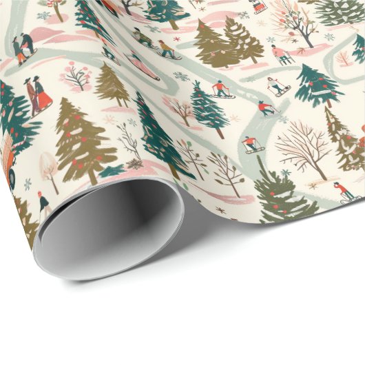 雪に覆われた冬のクリスマスビレッジの赤いトラック ラッピングペーパー (ロールコーナー)