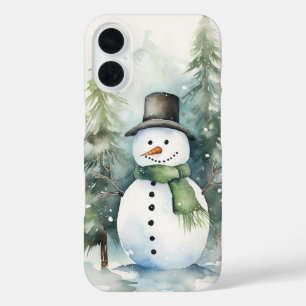 雪に覆われた冬の中に立っている陽気な雪だるま iPhone 16ケース