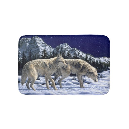 雪に覆われた冬の山々の灰色の狼 バスマット (正面)