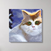 雪に覆われた冬の日に緑の目をした猫 キャンバスプリント (正面)