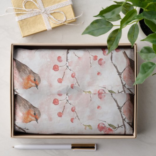 雪に覆われた冬の木と赤い果実の可愛いフィンチバード 薄葉紙 (ギフト)