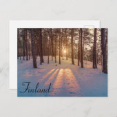 雪に覆われた冬の松の森のキャンバスに夕日をプリント ポストカード (正面/裏面)