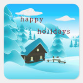 雪に覆われた冬の森とキャビン「ハッピーホリデー」かわいい スクエアシール (正面)