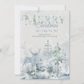 雪に覆われた冬の森とスタグメリークリスマス シーズンカード (正面)