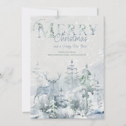 雪に覆われた冬の森とスタグメリークリスマス シーズンカード (正面)