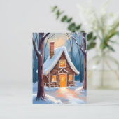 雪に覆われた冬の森のクリスマスのキャビン シーズンポストカード (スタンド正面)