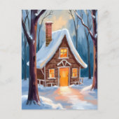 雪に覆われた冬の森のクリスマスのキャビン シーズンポストカード (正面)