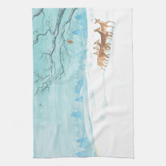 雪に覆われた冬の森の中で鹿を釣る キッチンタオル (縦)