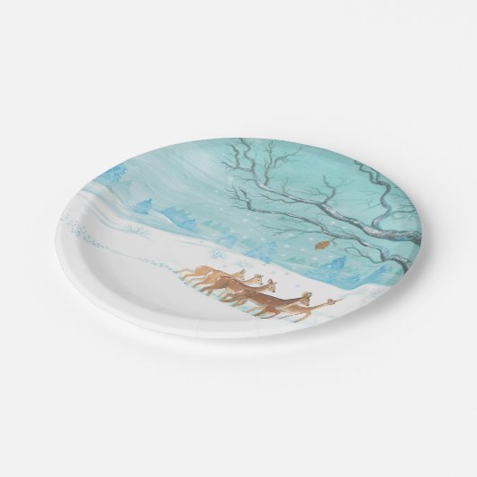 雪に覆われた冬の森の中で鹿を釣る ペーパープレート (アングル)