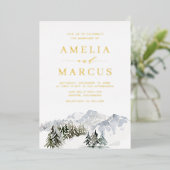 雪に覆われた冬の森の森結婚の森 箔招待状 (立ち正面)