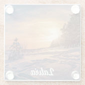 雪に覆われた冬の海岸の夕日 ガラスコースター (裏面)