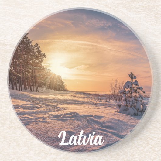 雪に覆われた冬の海岸の夕日 コースター (正面)