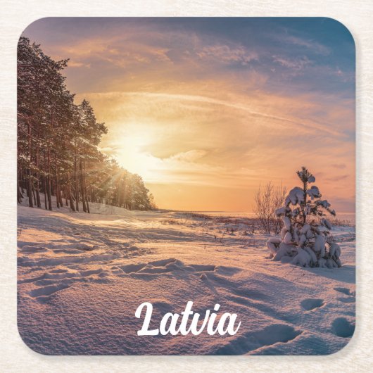 雪に覆われた冬の海岸の夕日 スクエアペーパーコースター (正面)