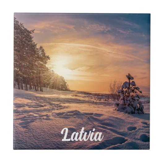 雪に覆われた冬の海岸の夕日 タイル (正面)