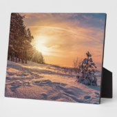 雪に覆われた冬の海岸の夕日 フォトプラーク (側面)