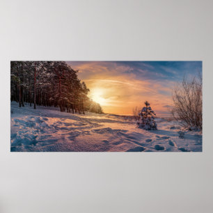 雪に覆われた冬の海岸の夕日 ポスター