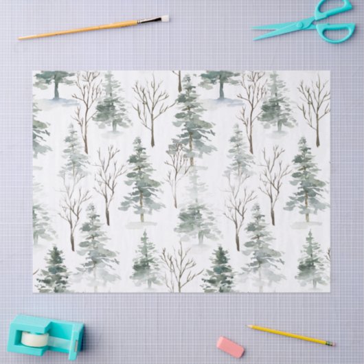 雪に覆われた冬の緑の木クリスマスパターン 薄葉紙 (クラフト)