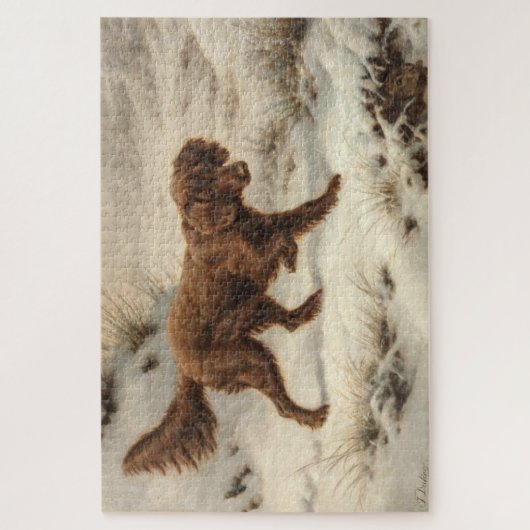 雪に覆われた冬の風景に登場するゴードン・セッター犬 ジグソーパズル (縦)