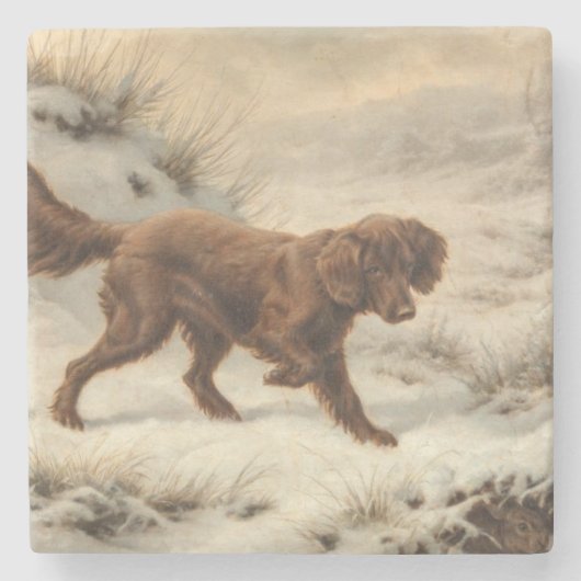 雪に覆われた冬の風景に登場するゴードン・セッター犬 ストーンコースター (正面)