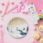 雪に覆われた冬の風景の中を流れる(クリスマスアート) ペーパープレート (パーティー)