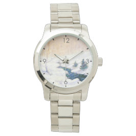 雪に覆われた冬の風景の中を流れる（クリスマスアート） 腕時計