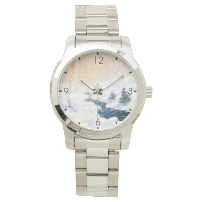 雪に覆われた冬の風景の中を流れる（クリスマスアート） 腕時計 (正面)