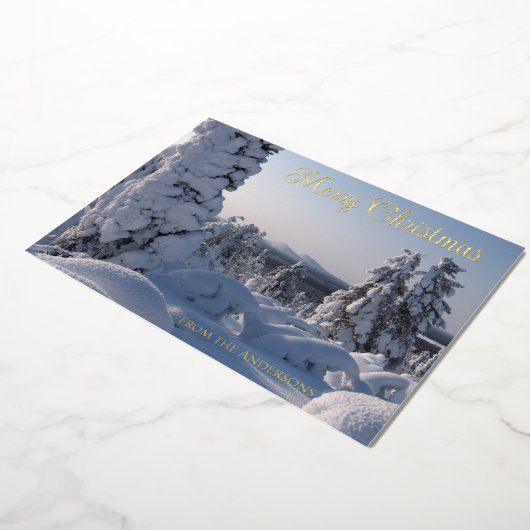 雪に覆われた冬の風景メリークリスマス 箔シーズンカード (回転した状態)