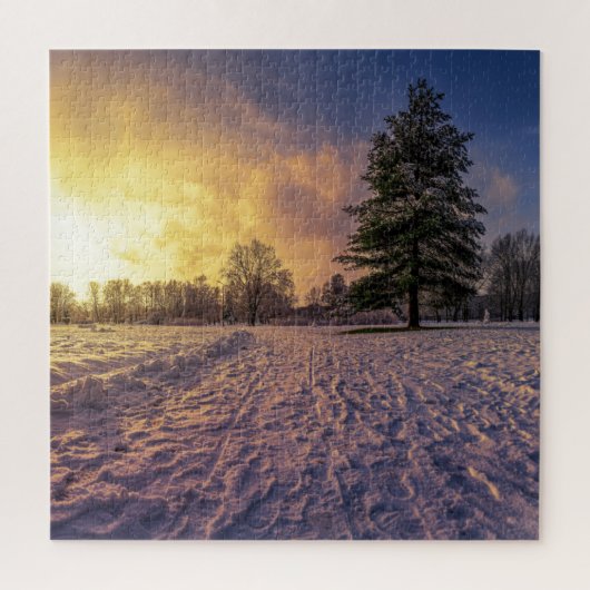 雪に覆われた冬季公園の夕日 ジグソーパズル (縦)