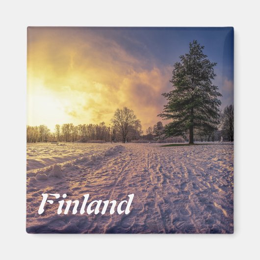 雪に覆われた冬季公園の夕日 マグネット (正面)