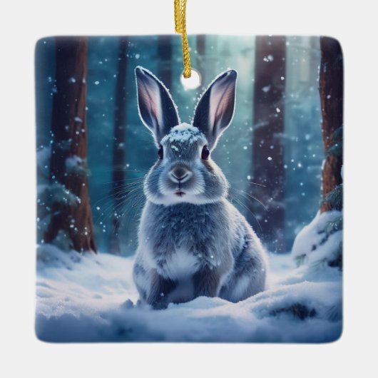 雪に覆われた可愛いウサギ森林セラミックオーナム セラミックオーナメント (正面)