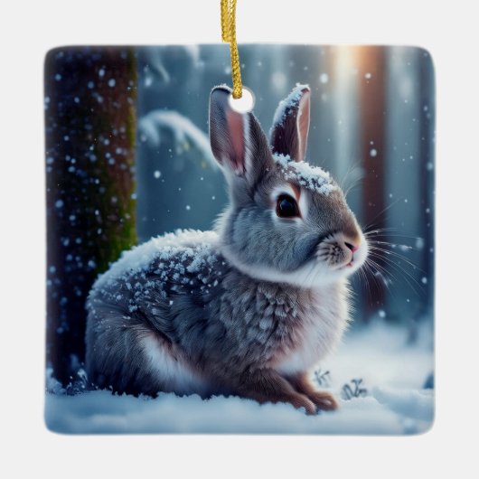 雪に覆われた可愛いウサギ森林セラミックオーナム セラミックオーナメント (正面)