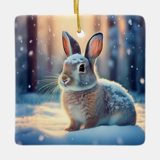 雪に覆われた可愛いウサギ森林セラミックオーナム セラミックオーナメント (正面)