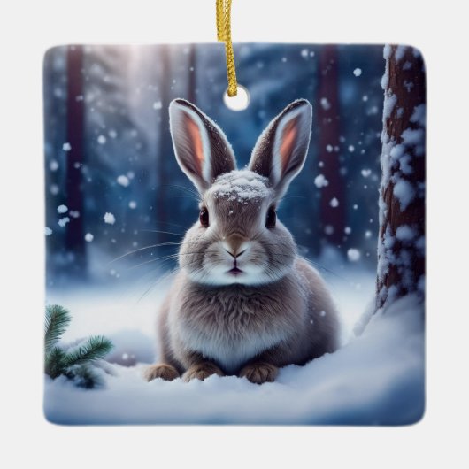 雪に覆われた可愛いウサギ森林セラミックオーナム セラミックオーナメント (正面)