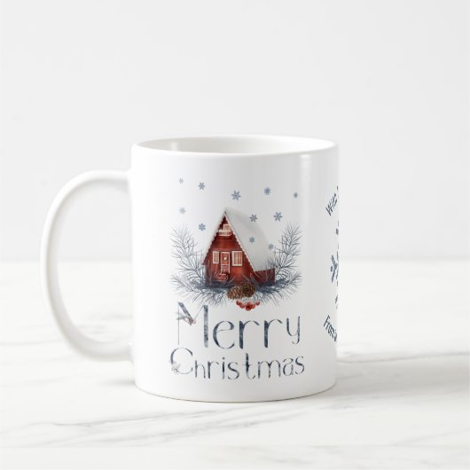 雪に覆われた妖精の家、雪、メリークリスマス コーヒーマグカップ (左)