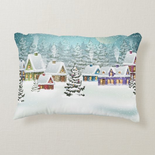雪に覆われた家々を持つ村の冬の風景 アクセントクッション (裏面)
