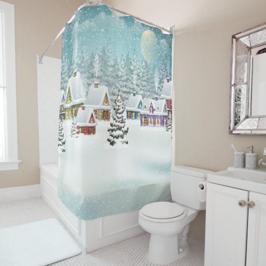 雪に覆われた家々を持つ村の冬の風景  シャワーカーテン (インサイチュ)