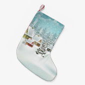 雪に覆われた家々を持つ村の冬の風景  スモールクリスマスストッキング (正面 (吊り時))