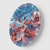 雪に覆われた家にクリスマスライトが灯る ラージ壁時計 (傾斜)